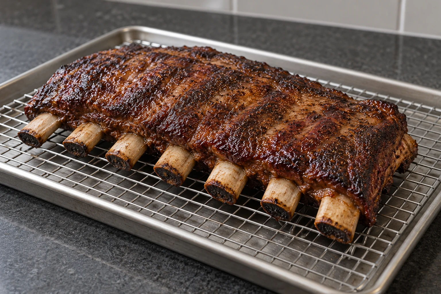 Grilled beef back ribs resting on a wire rack with browned meat and exposed bone ends.
