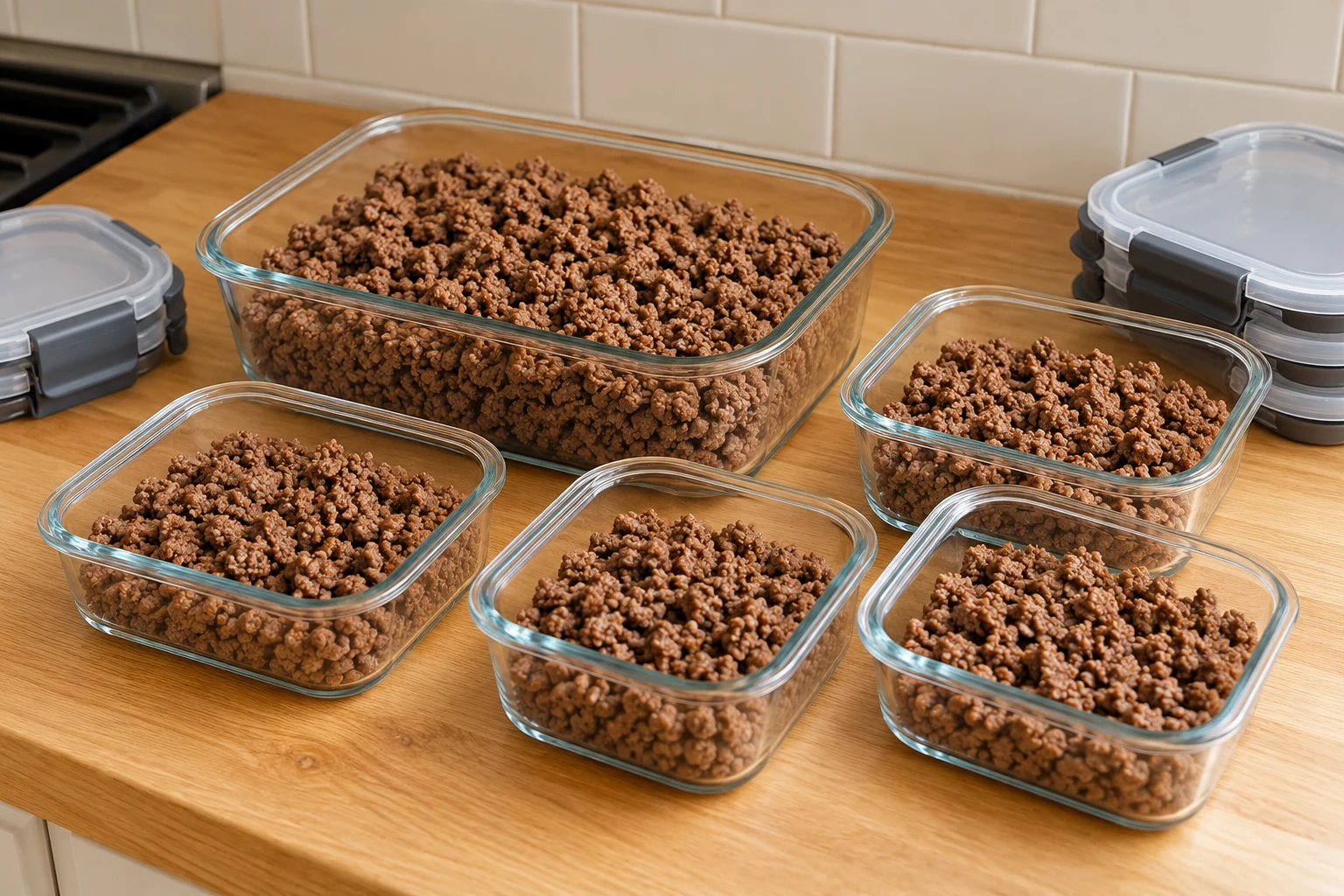 Plain browned ground beef portioned into clear glass containers with lids beside them.