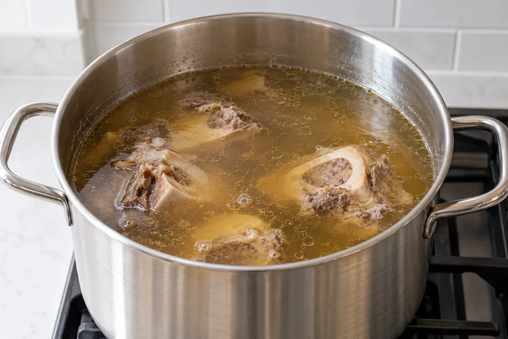 Beef soup bones simmering in clear golden broth in a plain stainless stockpot.