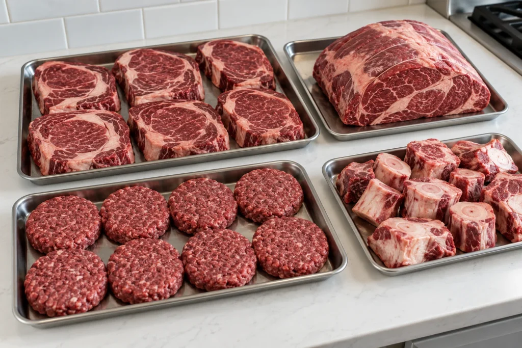 Beef steaks, a roast, ground-beef patties, and soup bones divided into practical portions on plain trays.