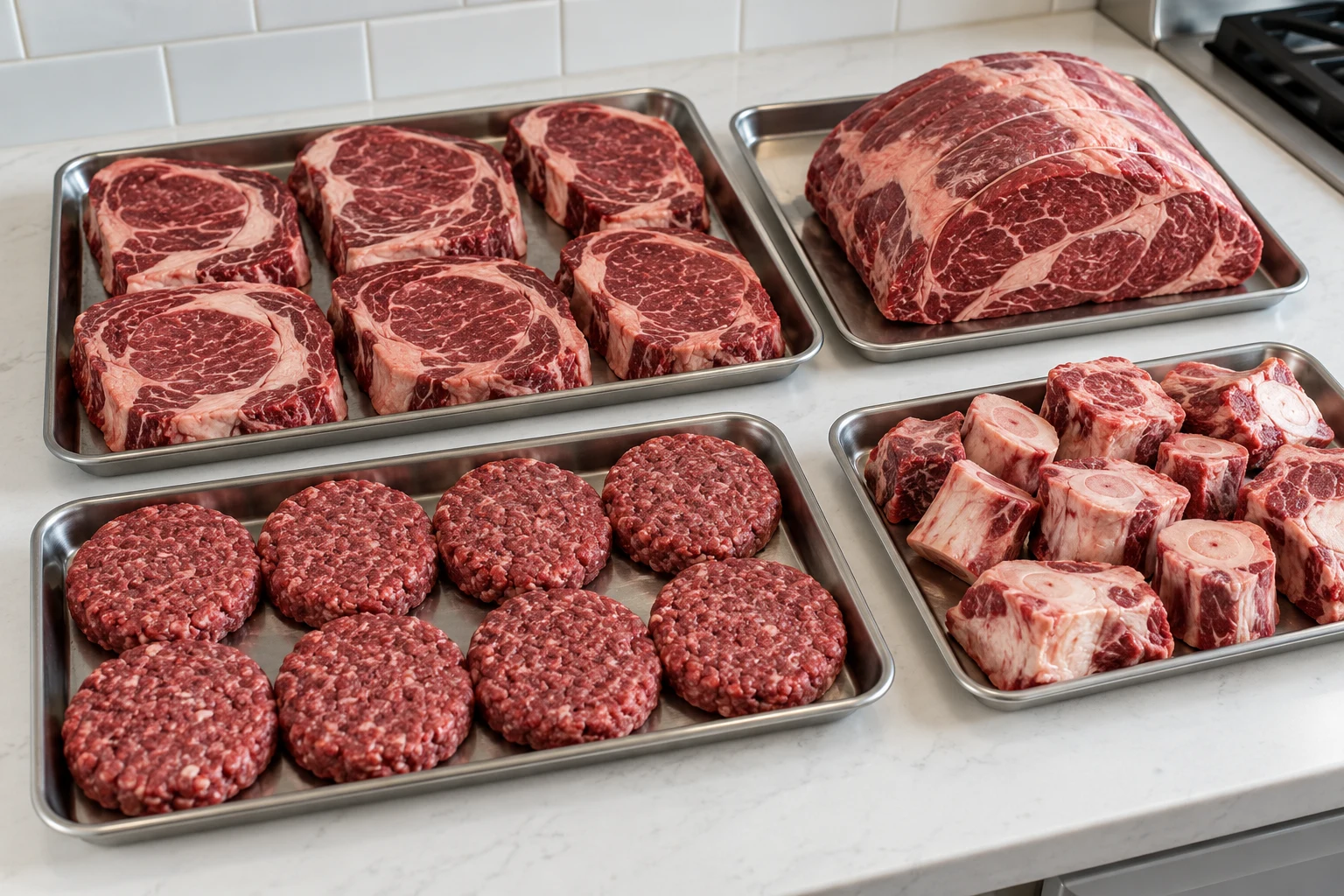 Beef steaks, a roast, ground-beef patties, and soup bones divided into practical portions on plain trays.