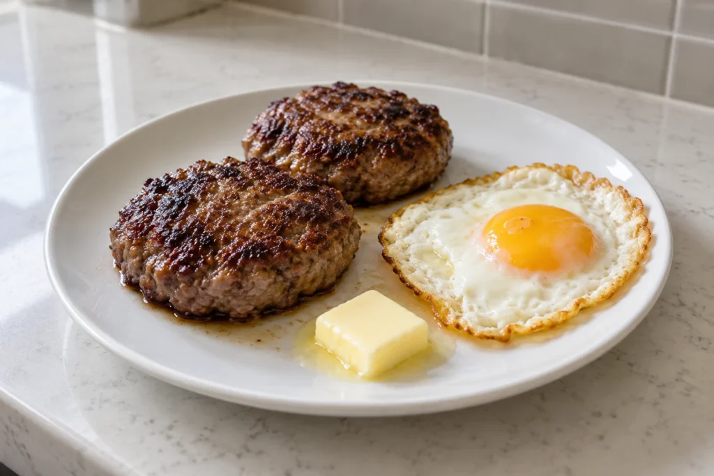 Two beef patties, a fried egg, and butter on a plain white plate.