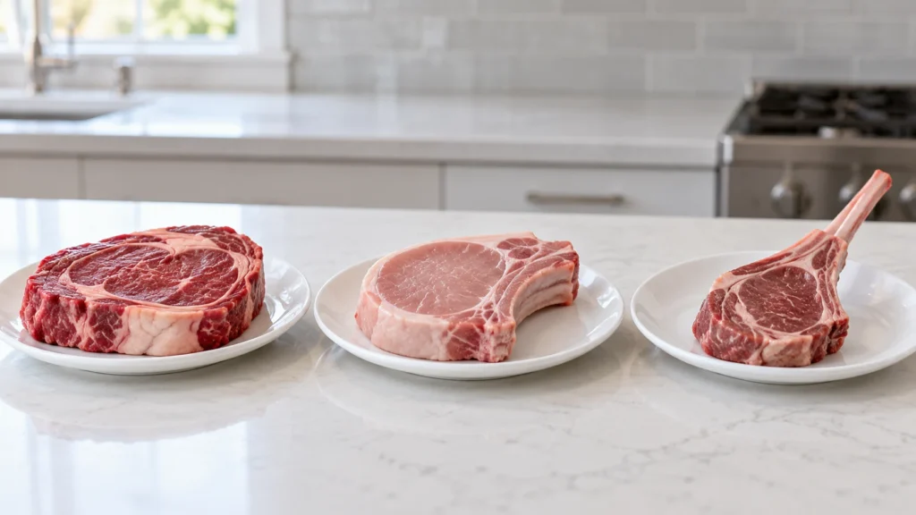 A raw beef steak, pork chop, and lamb chop shown on separate white plates.