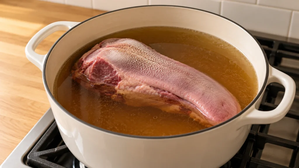 A beef tongue braising in clear broth in a Dutch oven.