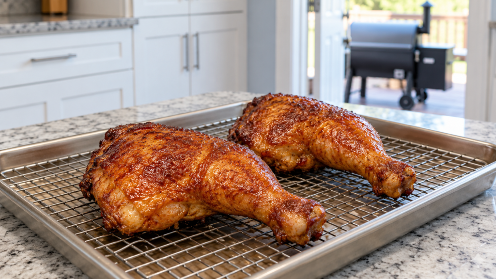 Two evenly browned smoked chicken leg quarters rest on a wire rack over a sheet pan in an ordinary home kitchen.