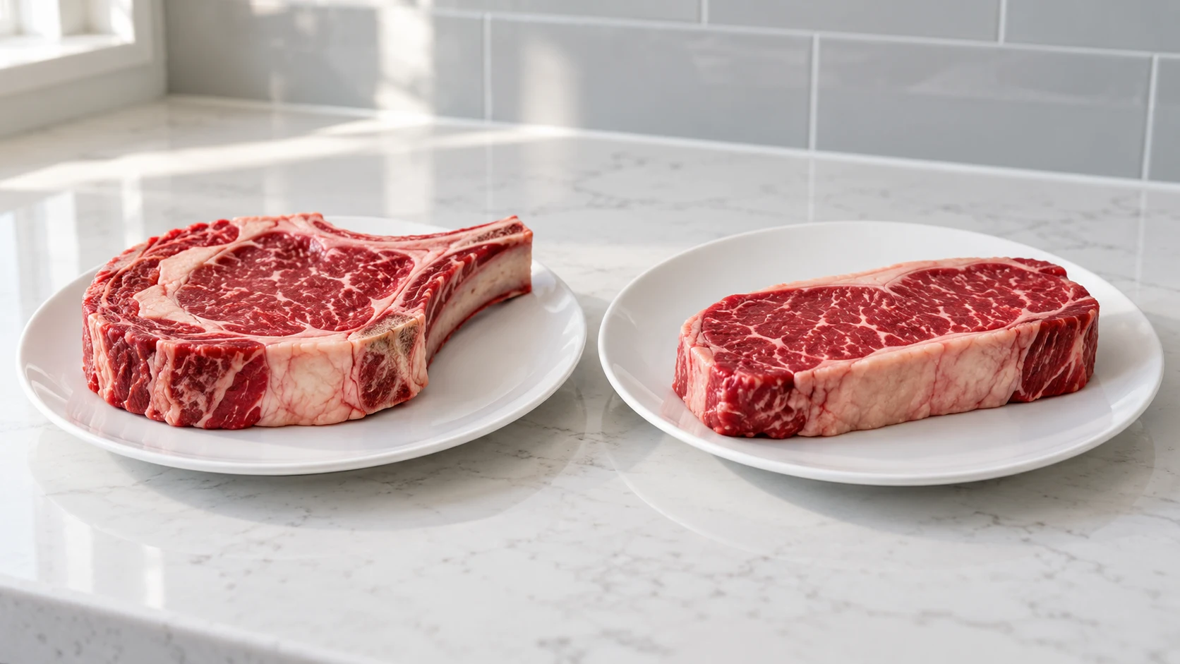 A bone-in rib steak and a boneless strip steak on separate white plates.
