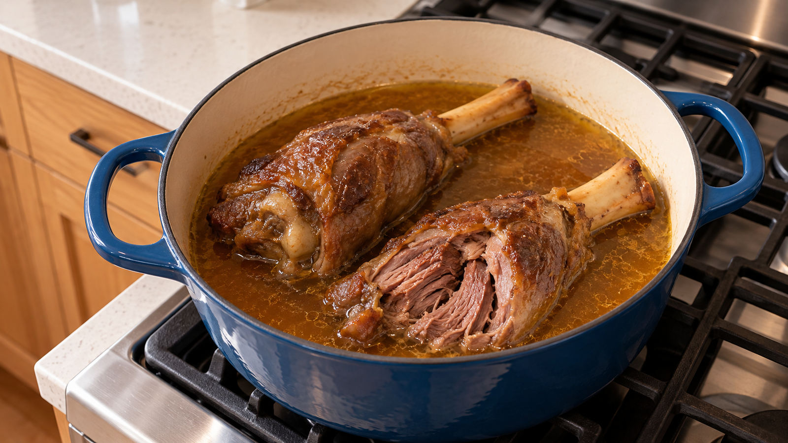 Braised lamb shanks on a light oak counter in a contemporary home kitchen.