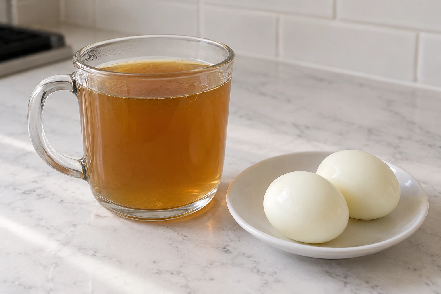 A glass mug of warm beef broth beside two hard-boiled eggs on a white saucer.