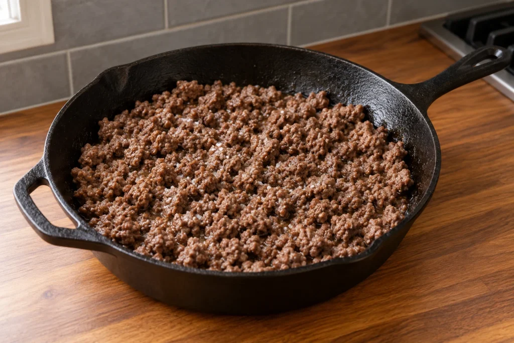 Plain browned crumbled ground beef with visible salt crystals and rendered beef fat in a cast-iron skillet.