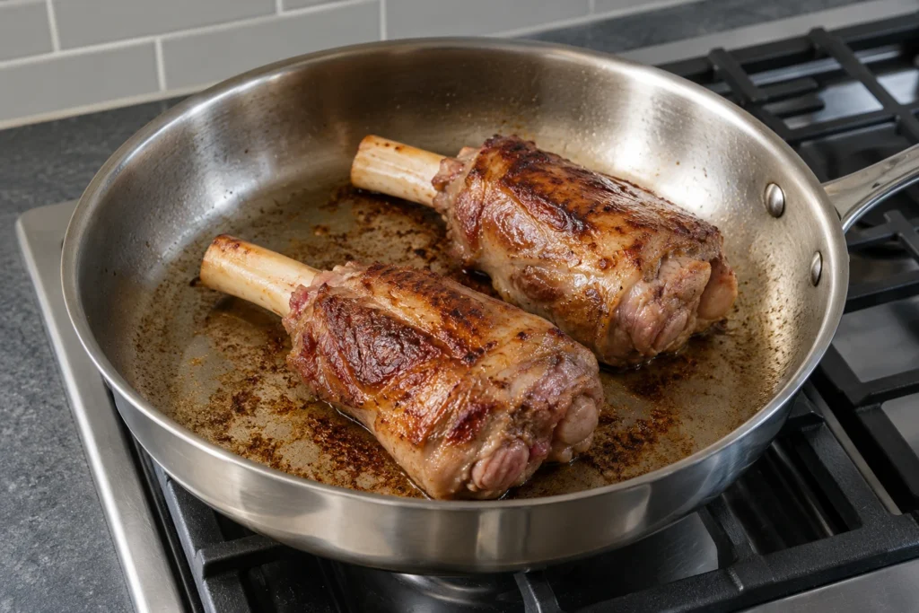 Two lamb shanks with browned surfaces in a stainless-steel skillet.