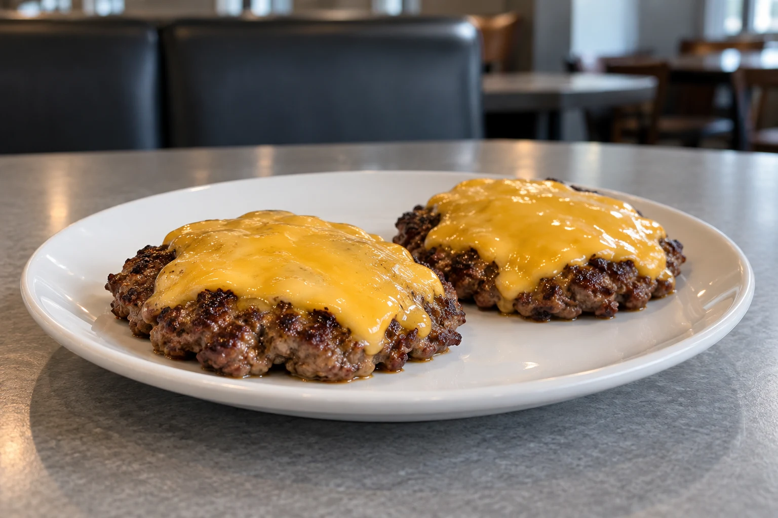 Two plain beef patties topped only with melted cheese on a white diner plate.