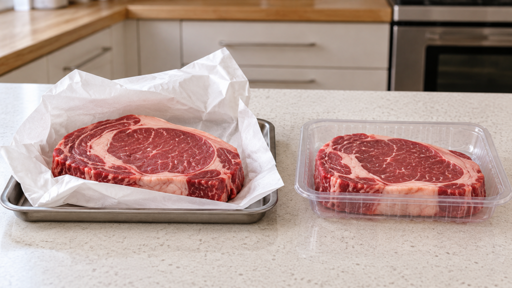 Butcher-counter and supermarket meat options compared on a light oak counter in a contemporary home kitchen.