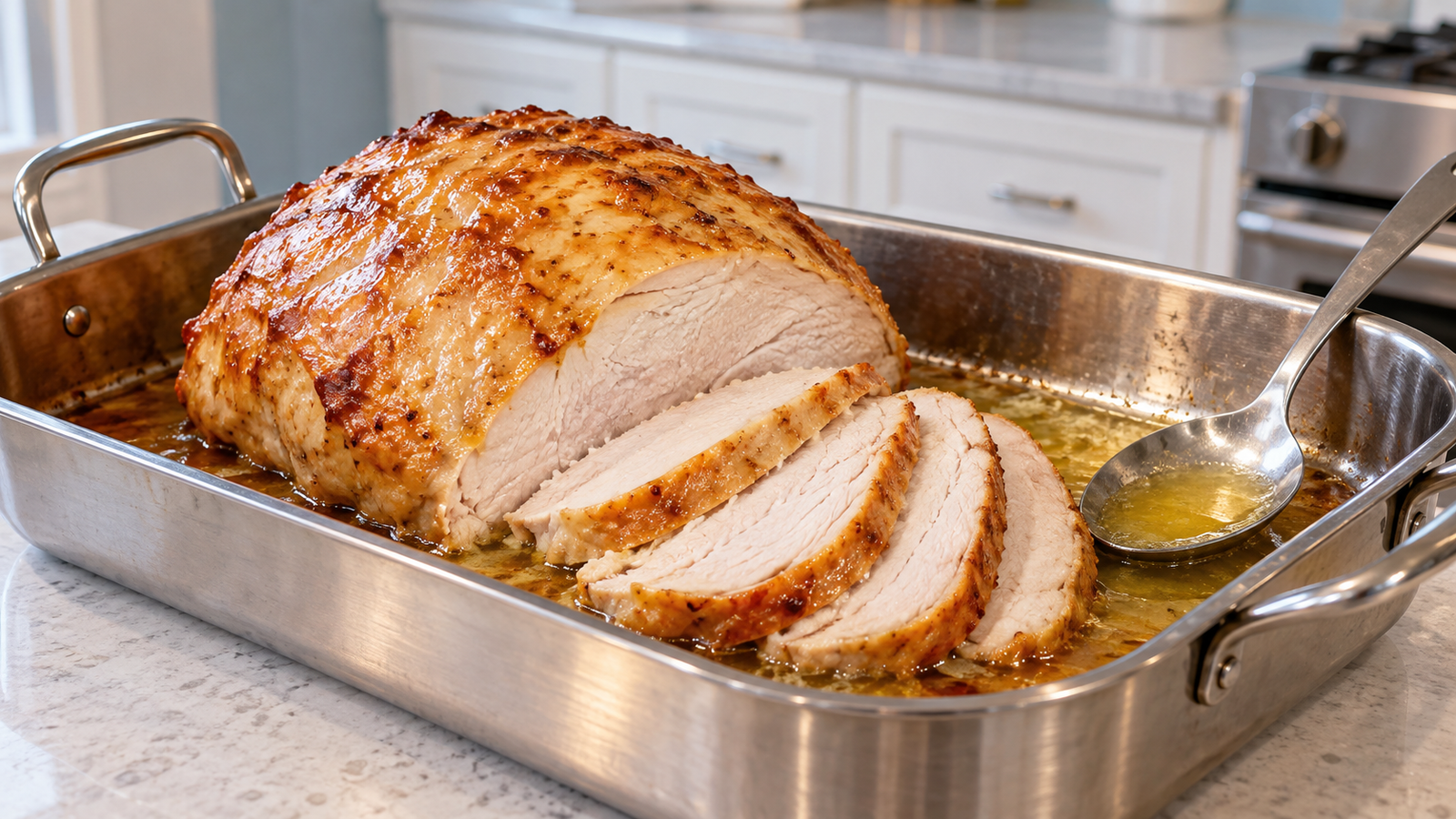 A sliced boneless turkey breast roast sits in a stainless pan with melted butter and a basting spoon.