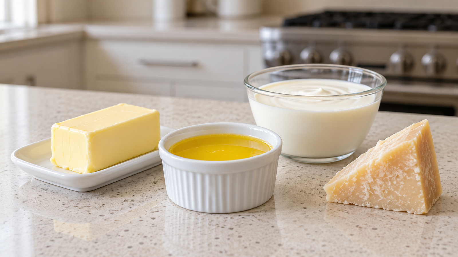 Butter, golden clarified butter, cream, and hard cheese are arranged clearly on a kitchen counter.