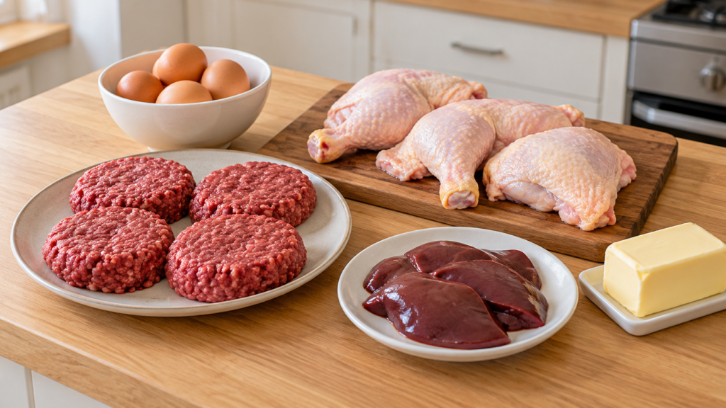 Budget-friendly animal-based staples arranged for practical carnivore meals in a contemporary home kitchen.