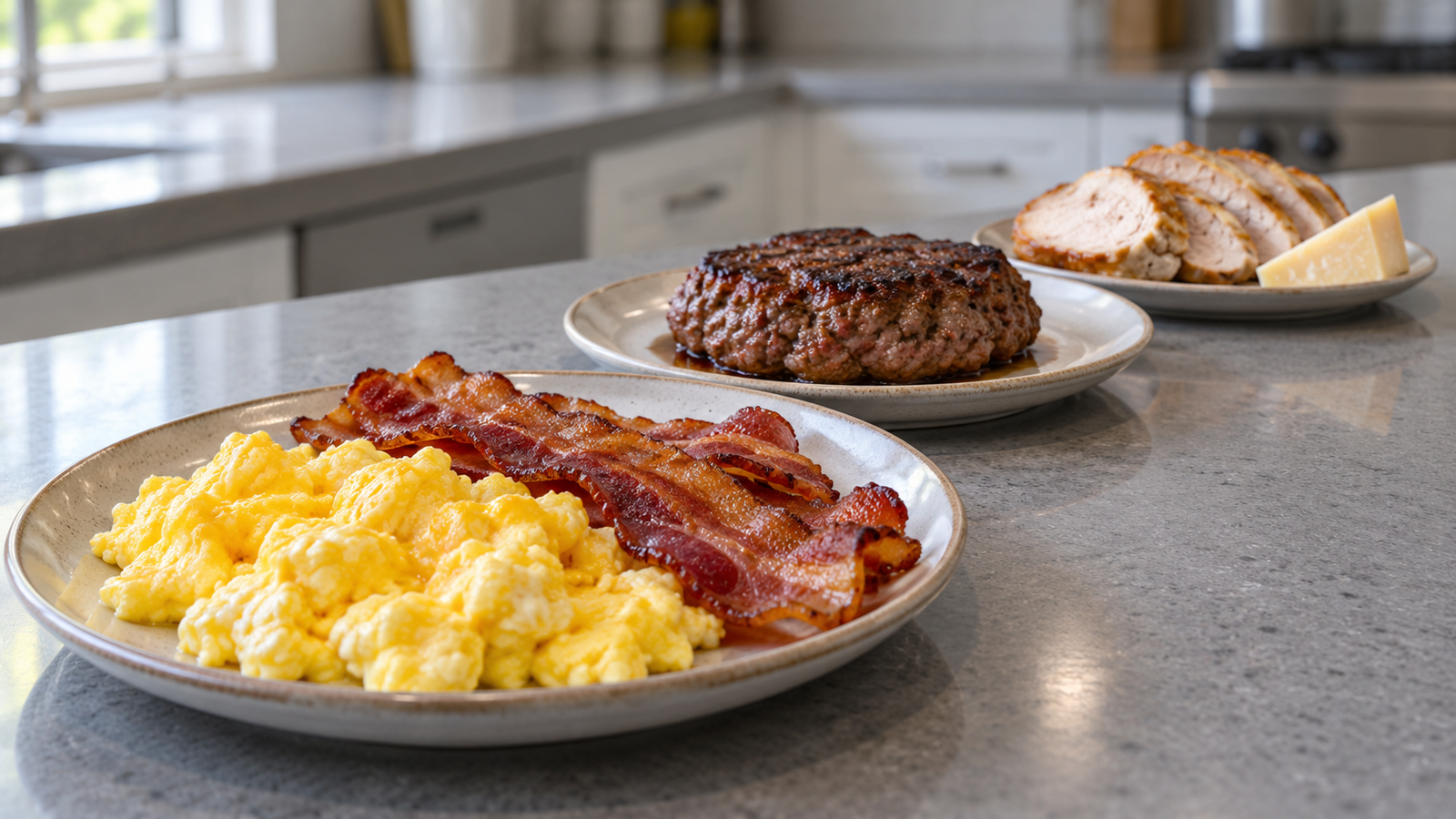 Scrambled eggs and bacon, a beef patty, and sliced meat and cheese on separate plates.