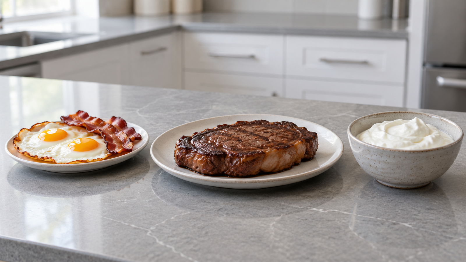 A plate of bacon and eggs, a cooked steak, and a bowl of whipped cream on a kitchen counter.