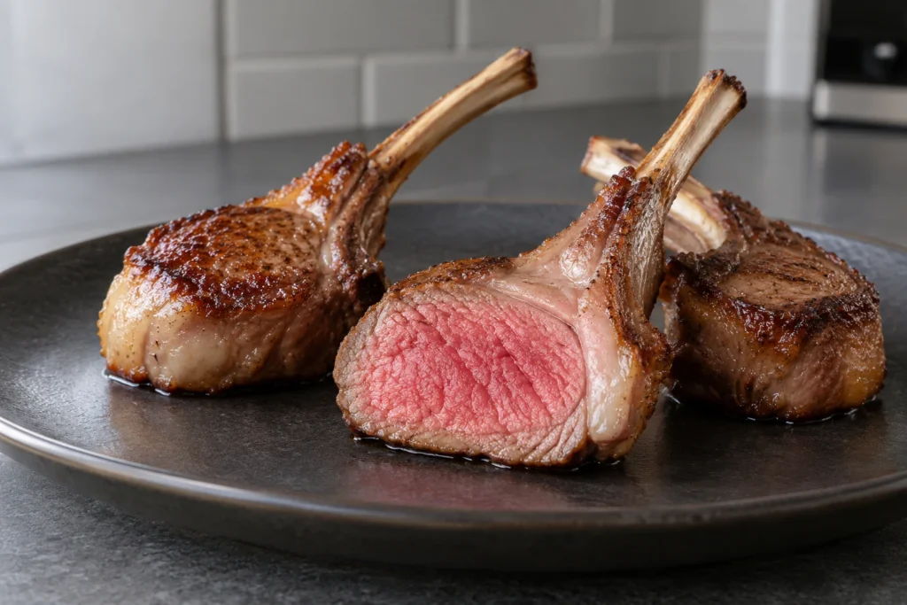 Three lamb chops, including one cut to reveal a rosy medium-rare center.