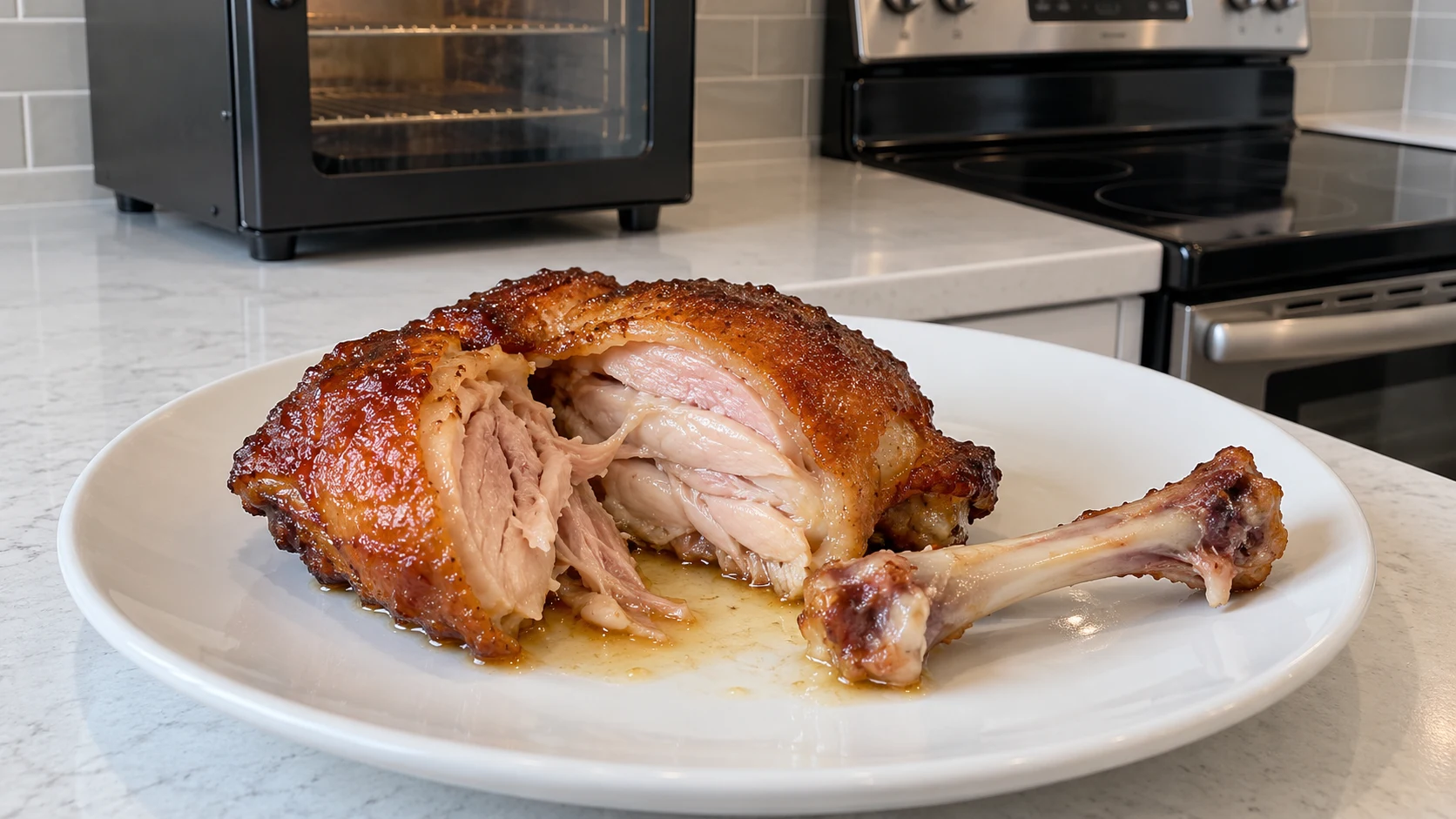 Bone-in smoked chicken thighs with browned skin pulled from the smoker at full doneness.