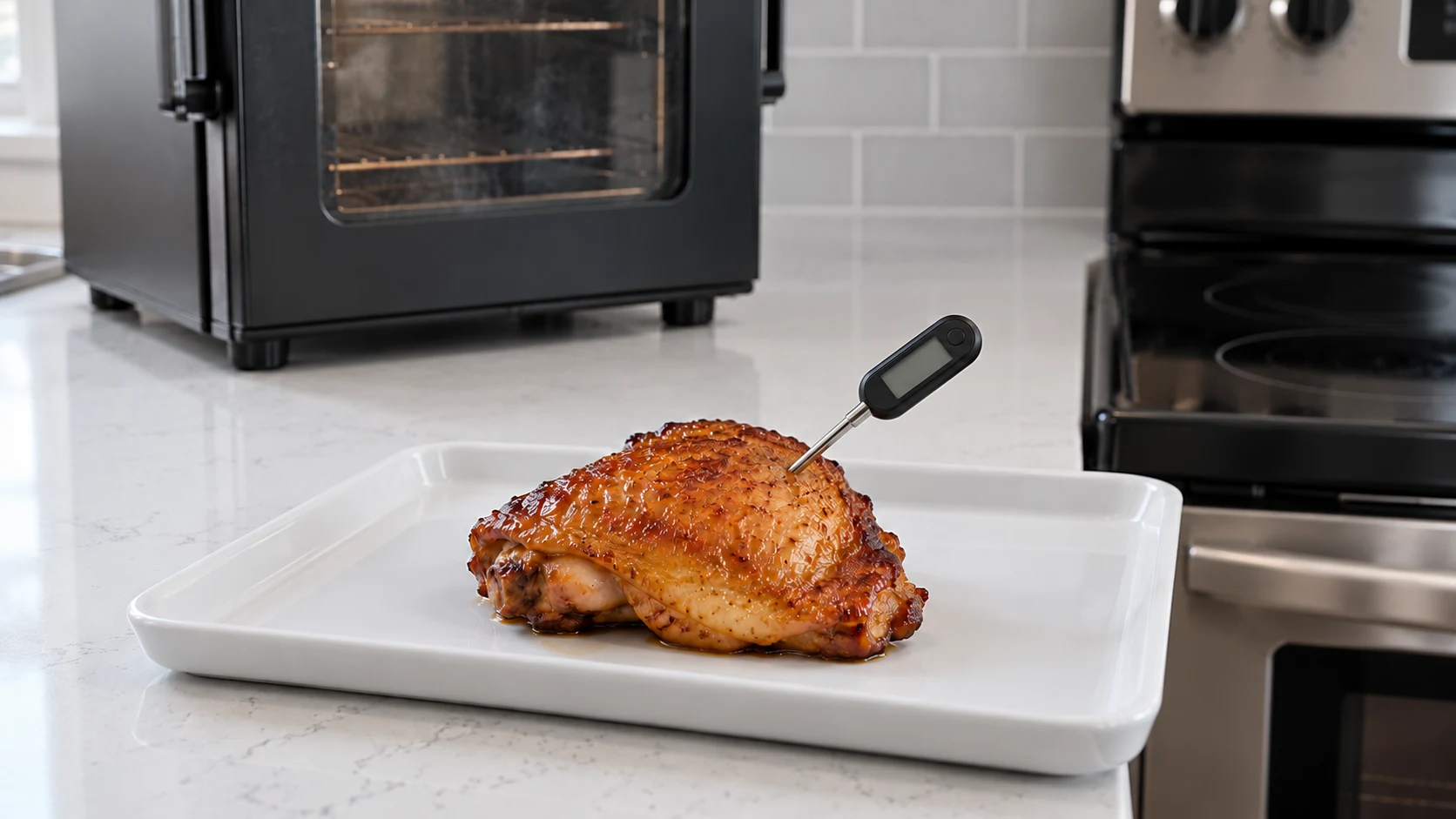 A probe thermometer inserted into a chicken thigh on the smoker grate.