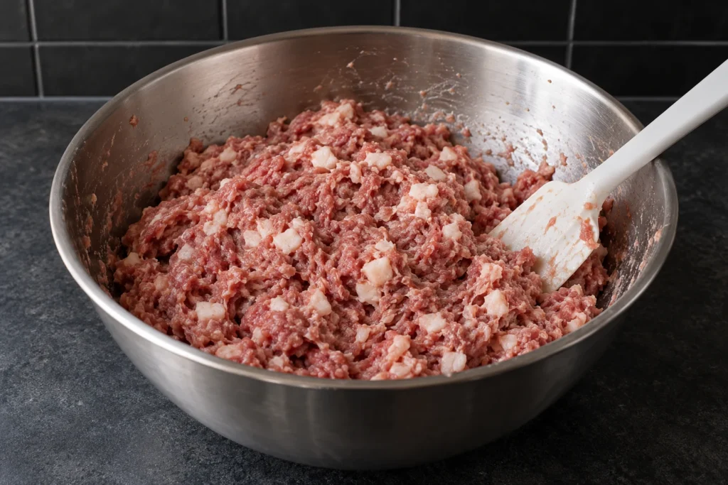 Coarse mixed pork sausage meat with visible small fat pieces in a stainless bowl.