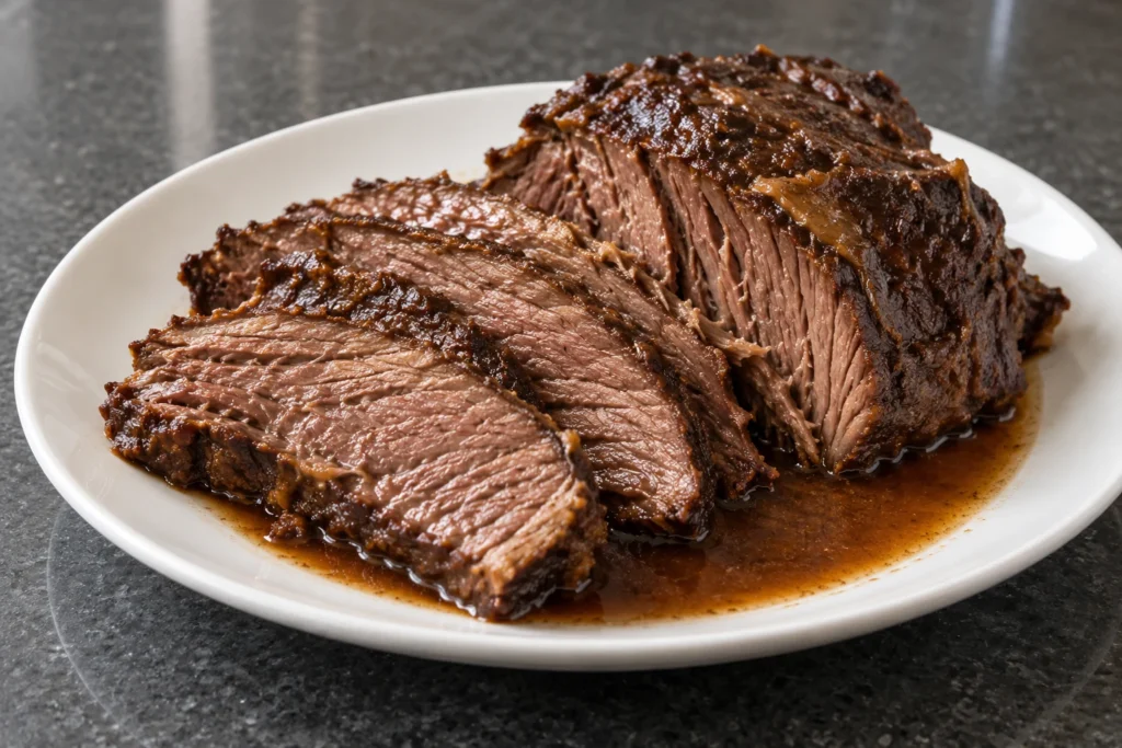Thick tender slices of beef chuck pot roast served with reduced beef jus.