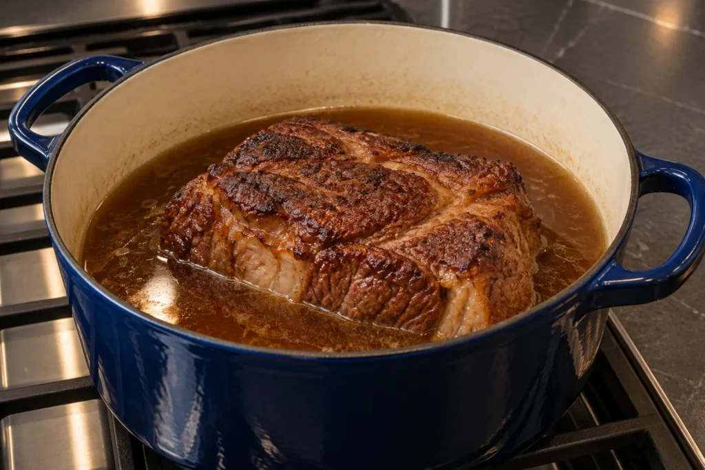 Browned beef chuck roast partially submerged in rich beef bone broth before pot roasting.
