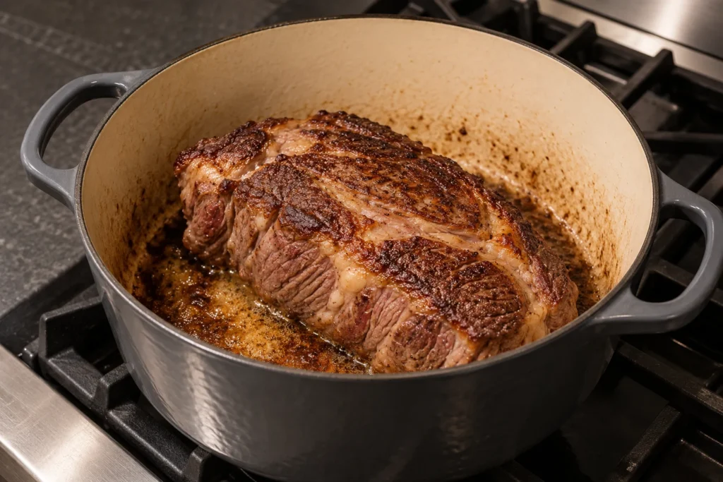 Beef chuck roast developing a deep brown crust in a Dutch oven before pot roasting.