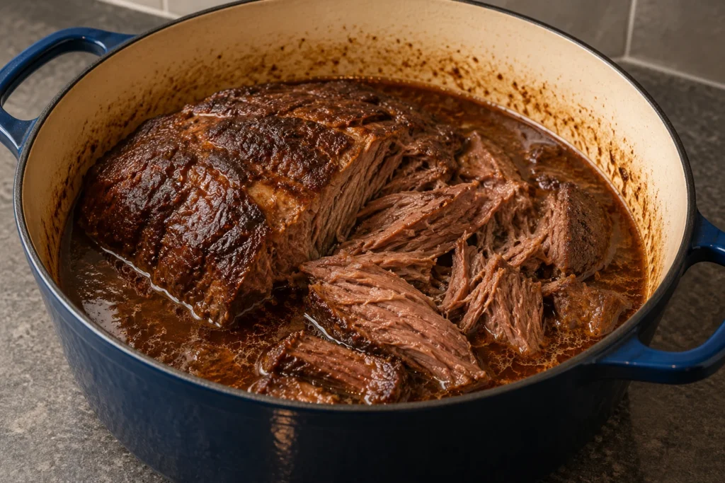 Fork-tender beef chuck roast separating into moist pieces in reduced beef jus.