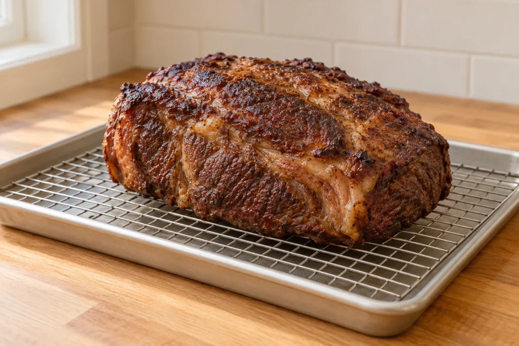 A browned beef chuck roast resting on a wire rack over a plain sheet pan.