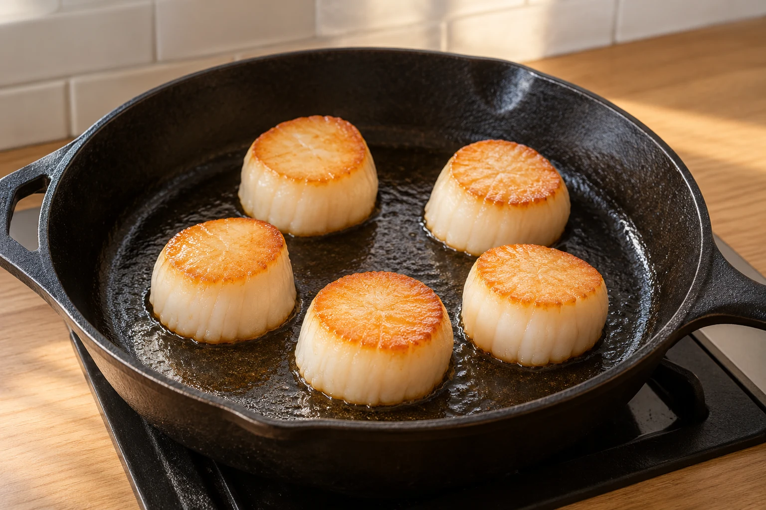 Five unseasoned scallops with clean golden seared surfaces in a black skillet.