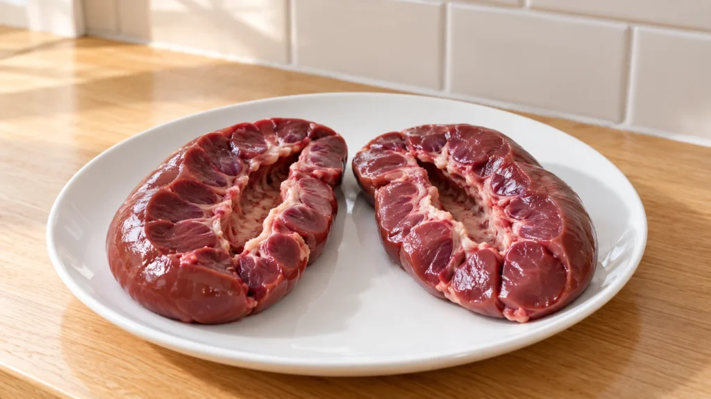 Two beef kidneys split open with their pale central cores removed.