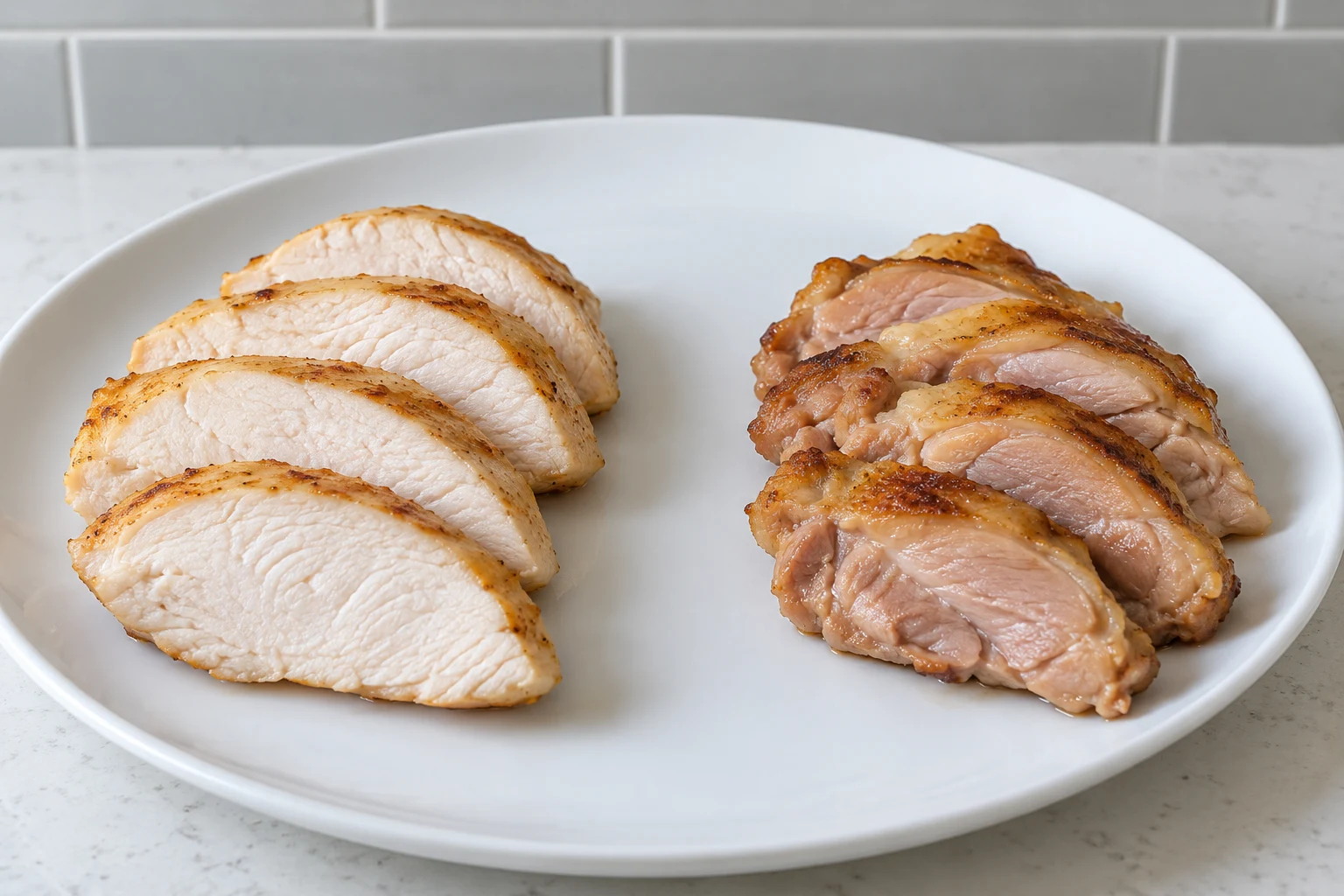 Sliced fully cooked chicken breast and sliced fully cooked chicken thigh arranged separately on a plain plate.
