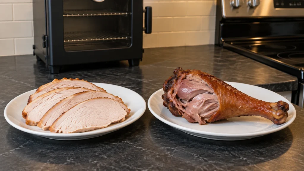 Plain cooked turkey breast slices beside a tender smoked turkey leg on separate plates.