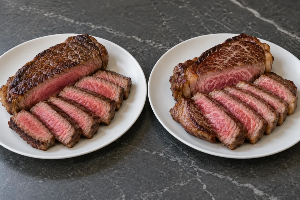 Two cooked strip steaks showing a moderately marbled and a heavily marbled interior side by side.