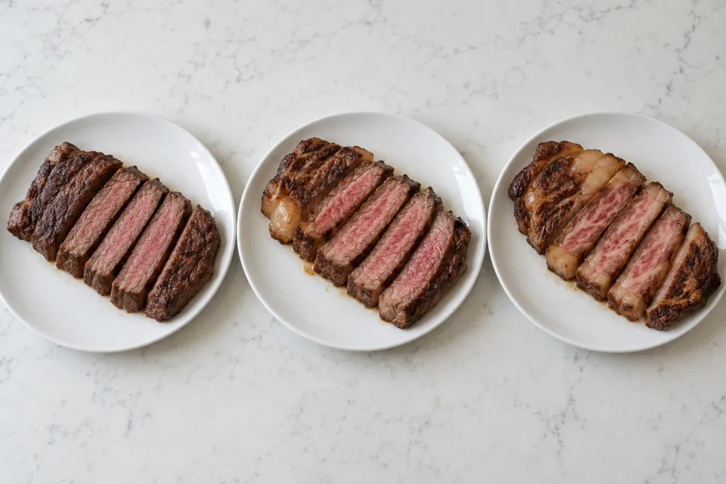 Three cooked sliced beef steaks showing sparse, moderate, and abundant marbling.