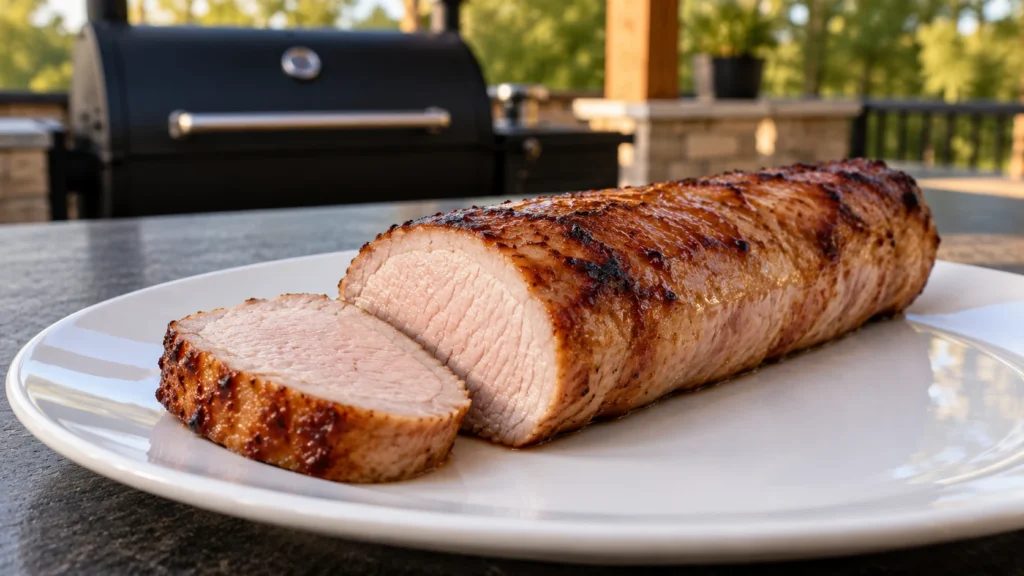 Sliced seared pork tenderloin with a pale juicy interior.