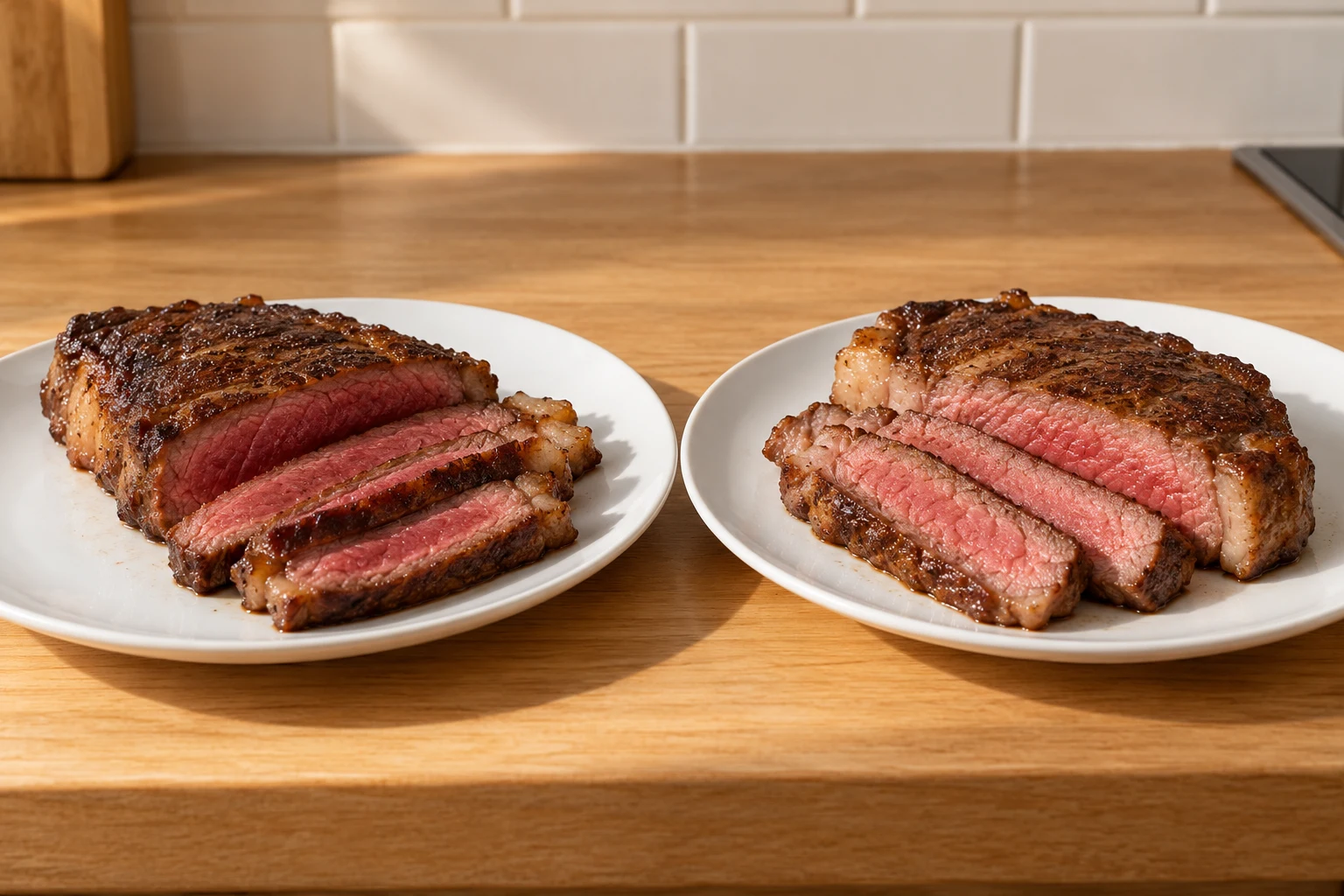 Two unlabelled sliced medium-rare beef strip steaks on separate plain white plates.