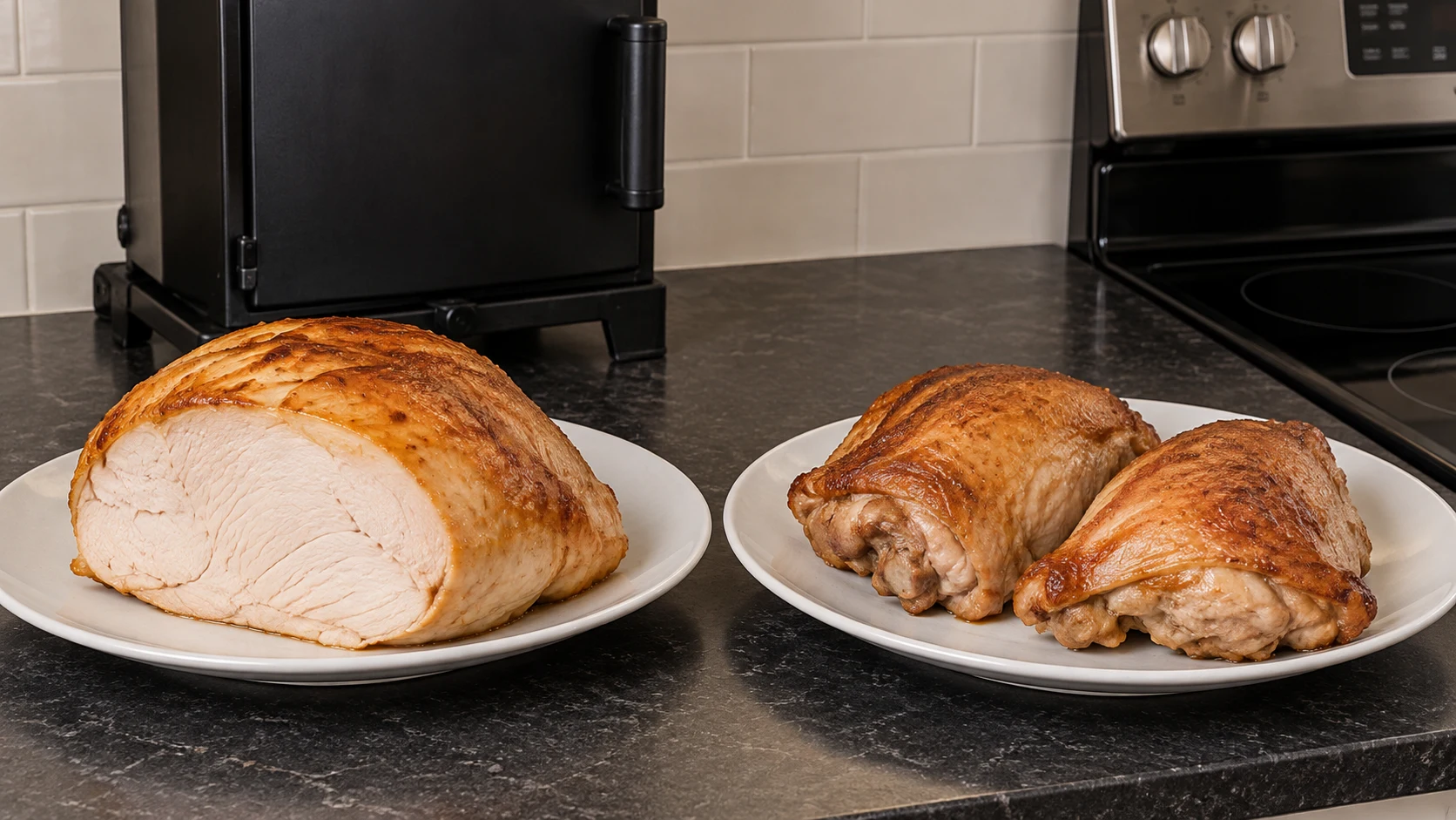 A cooked turkey breast roast and two cooked thighs on separate white plates.