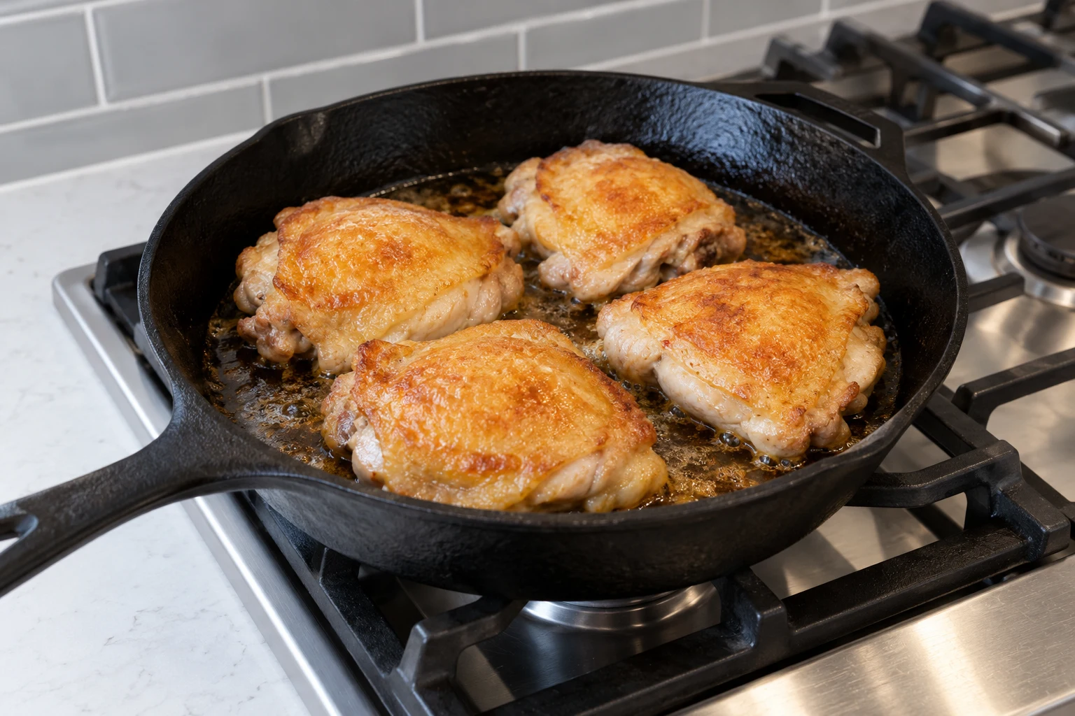 Plain bone-in chicken thighs with evenly golden skin cooking in a cast-iron skillet.