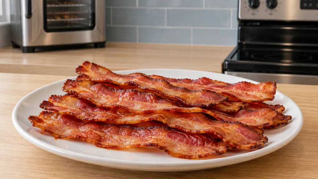 A stack of plain crisp turkey bacon strips on a white plate.