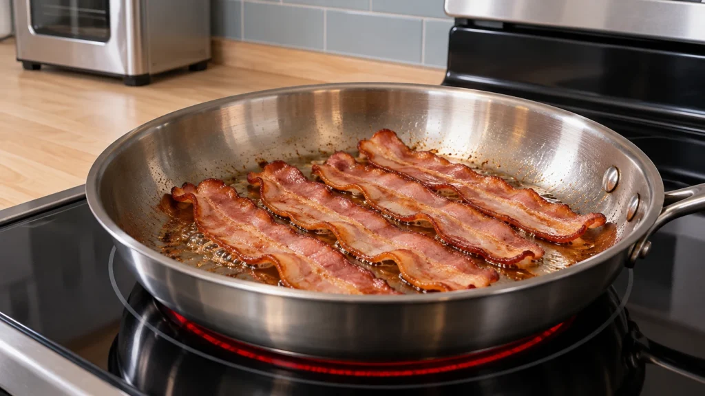 Turkey bacon strips curling and browning in a stainless skillet on an electric range.