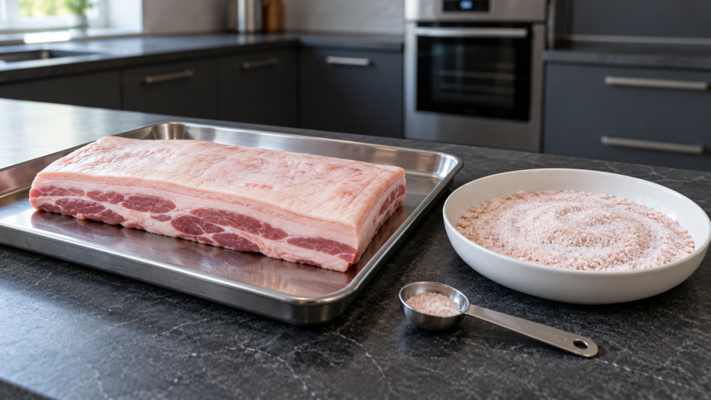 Pork belly prepared for curing homemade bacon on a slate counter in a contemporary home kitchen.