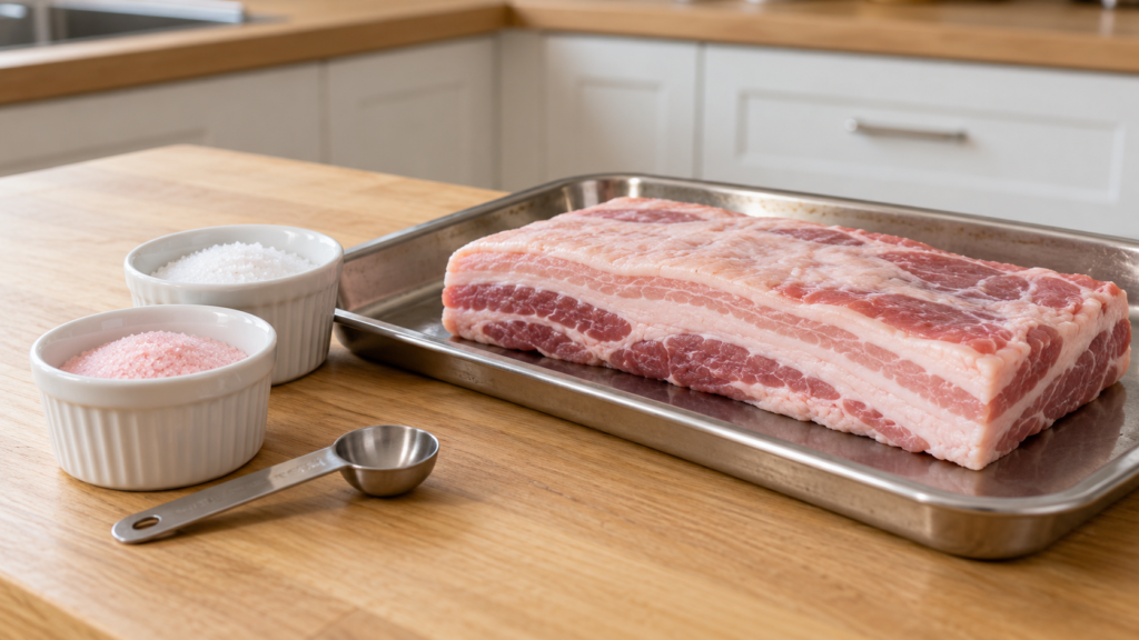 Curing salts and pork belly prepared for home curing on an oak kitchen counter.
