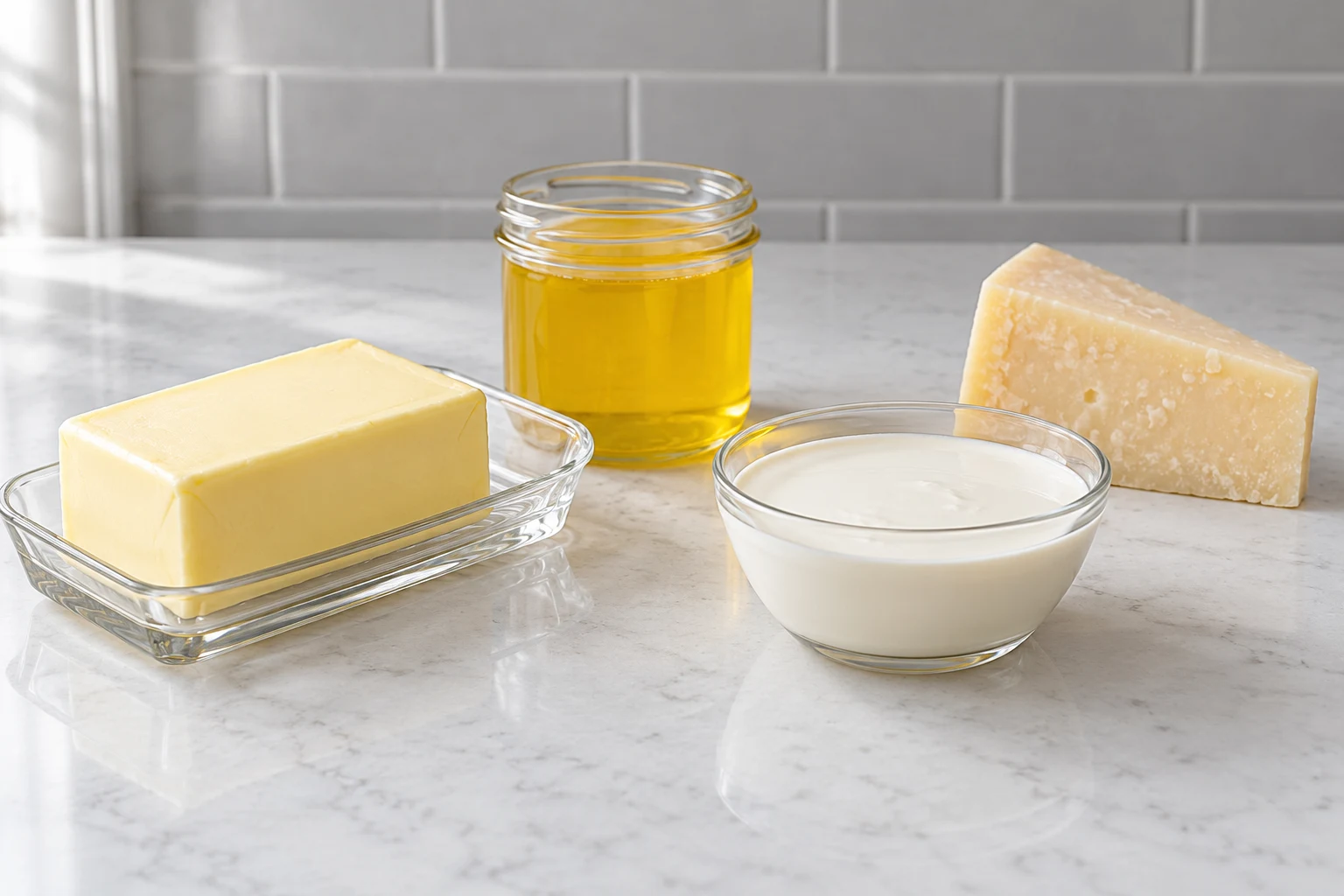 Plain butter, clear golden ghee, heavy cream, and firm pale cheese in unlabelled glass containers.