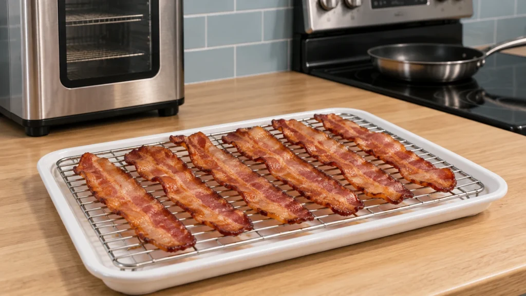 Crisp turkey bacon strips draining on a wire rack over a white tray.