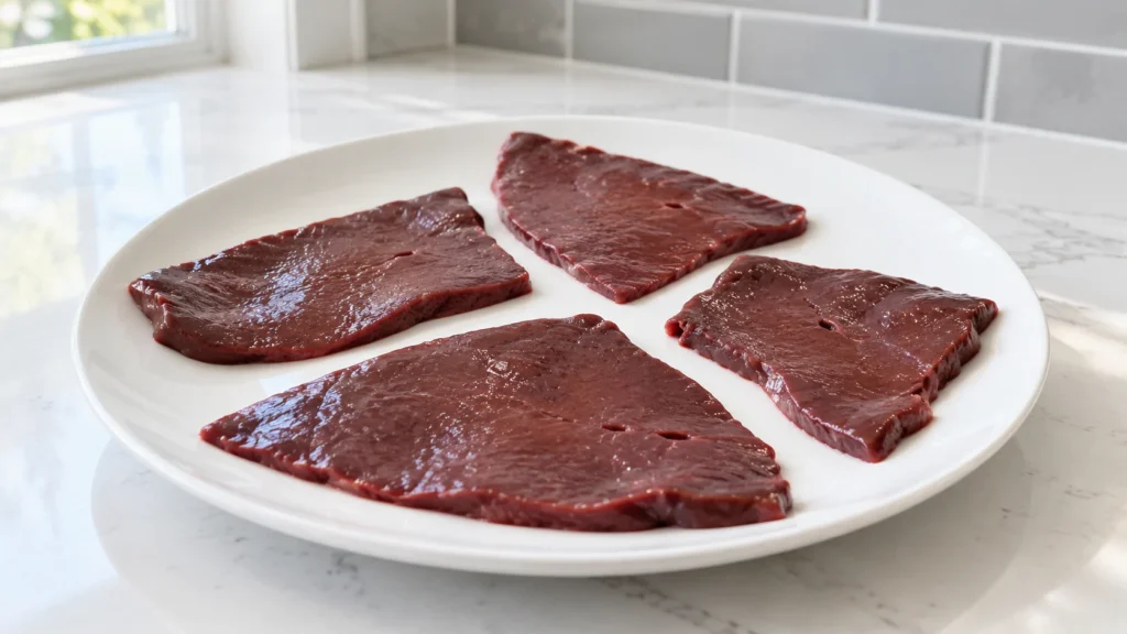 Thin raw beef liver slices, dry and spaced on a white plate.