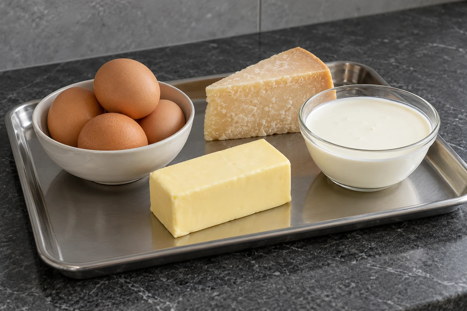 Whole eggs, butter, hard cheese, and heavy cream arranged together on a plain tray.