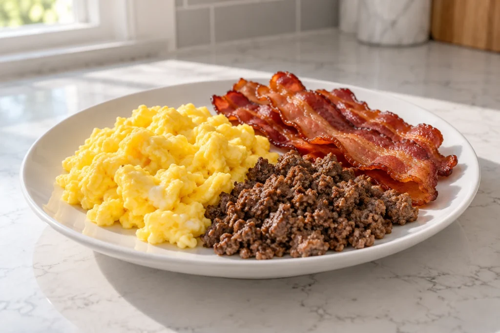 Scrambled eggs, bacon, and browned ground beef on a plain white plate.