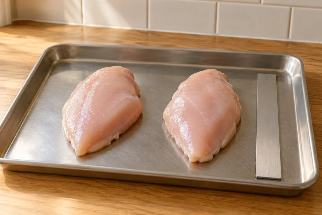 Two raw boneless skinless chicken breasts with an even, similar thickness on a clean sheet pan.